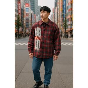 LIPHOP Men's Plaid Jacket O/S Gray Wool Snap Front Urban Streetwear Casual Chore